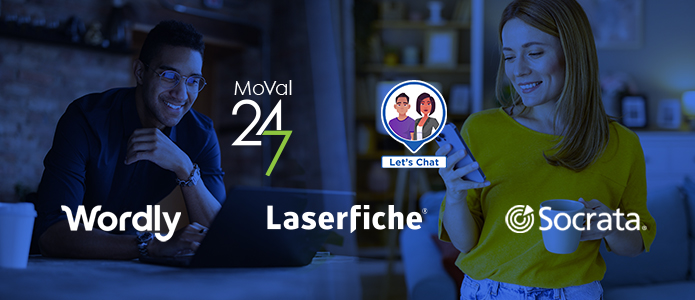 Image of two people on devices with logos overlayed